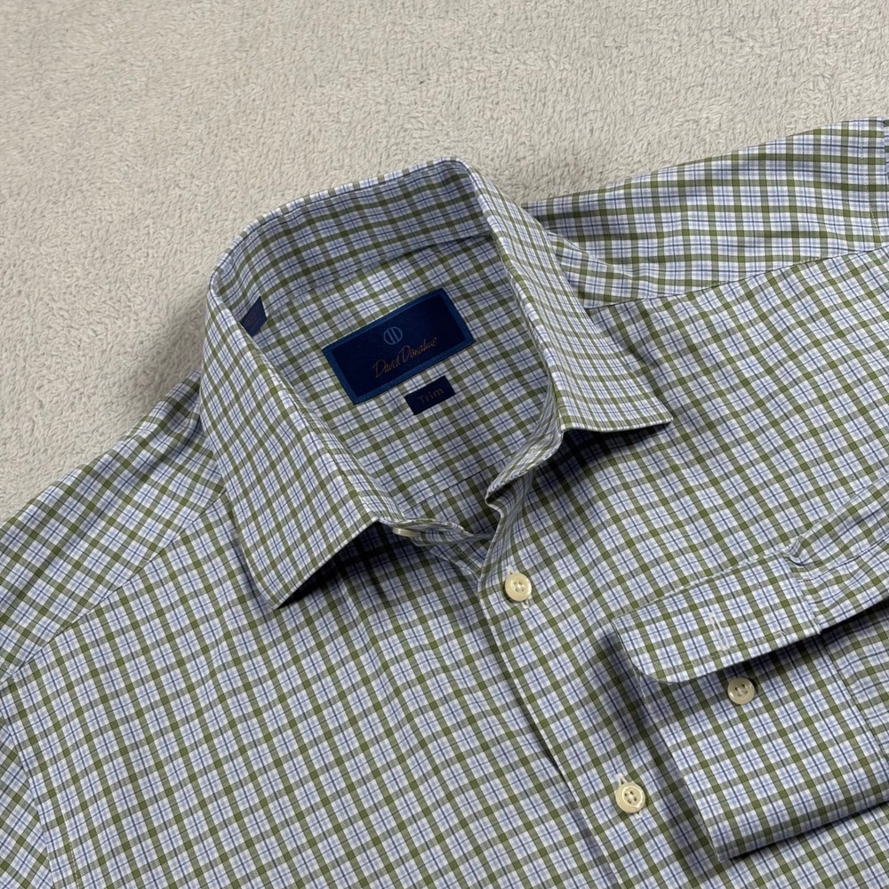 David Donahue Mens Trim Fit Plaid Dress Shirt Green Blue Cotton 16 34/35 Large